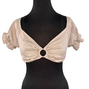 MONDAY Beige Crop Top Linen O-Ring Sweetheart Smocked Puff Sleeve Size Small S